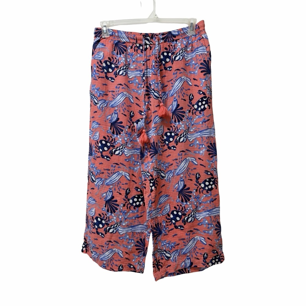 Talbots Crinkle Gauze Pants Size M Seashell Fish Coral Beach Vacay Swim Coverup